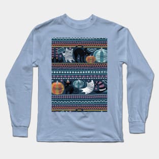 Embroidery Halloween // black cats orange and teal pumpkins white ghosts and purple stitches on teal background Long Sleeve T-Shirt